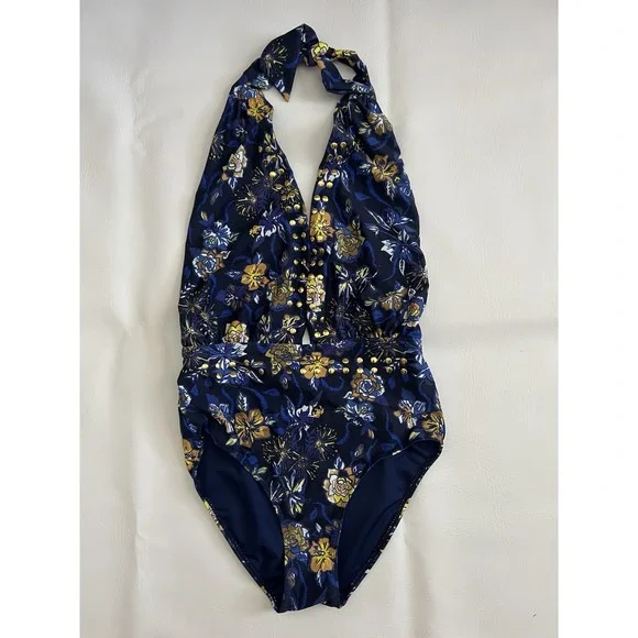 YMI Swimsuit Blue Floral Studded NWOT Size Medium Summer Boho Beach Vacation - Picture 1 of 8